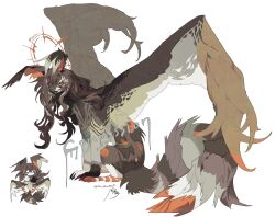 Rule 34 | animal ears, brown fur, brown hair, brown tail, brown wings, chibi, chibi inset, commission, feathered wings, full body, hair over one eye, highres, kamikiririp, large wings, long hair, monster, multicolored fur, multicolored tail, multicolored wings, no humans, open mouth, orange eyes, original, sitting, smile, solo, sphinx, tail, white background, wings