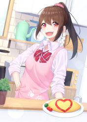 Rule 34 | 1girl, absurdres, apron, bow, brown hair, collared shirt, food, hair ornament, hair scrunchie, hand on own hip, heart, highres, indoors, long hair, long sleeves, microwave, ochiai miyabi, omelet, omurice, open mouth, original, paw print, paw print pattern, pink scrunchie, plant, ponytail, potted plant, red bow, red eyes, school uniform, scrunchie, shirt, sidelocks, smile, solo, teapot, weighing scale, white shirt