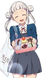 Rule 34 | 1girl, arashi chisato, artist name, artist request, bag, bare legs, belt, blue cardigan, blue jacket, blush, bow, bowtie, breasts, buttons, cardigan, closed eyes, collared shirt, cropped jacket, double bun, dress, dress shirt, female focus, food, grey belt, grey shirt, grey skirt, hair bun, hair tie, highres, holding, holding tray, jacket, long hair, long sleeves, looking at viewer, love live!, love live! superstar!!, miniskirt, nail, nail polish, neck ribbon, o-ring, o-ring belt, parted lips, pink nails, plaid, plaid skirt, pleated, pleated skirt, red bow, red ribbon, ribbon, school uniform, shirt, shoulder bag, skirt, small breasts, smile, solo, sprinkles, tray, twintails, white background, white hair, white shirt, wing collar, yuigaoka school uniform