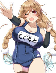 Rule 34 | 1girl, absurdres, alternate breast size, alternate costume, arm warmers, blush, braid, breasts, cloud hair ornament, collarbone, cowboy shot, highres, kantai collection, large breasts, light brown hair, long hair, minegumo (kancolle), one eye closed, red eyes, school swimsuit, shigatsu (soratobuusagi), simple background, solo, swimsuit, torpedo, twin braids, white background