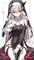 Rule 34 | 1girl, abby (toshizou), absurdres, bare shoulders, black dress, blush, breasts, closed mouth, clothing cutout, commentary request, cross, cross necklace, crossed bangs, dress, fang, fang out, grey hair, habit, hand on own leg, hand up, heart, highres, jewelry, long hair, long sleeves, looking at viewer, necklace, nun, original, paid reward available, red eyes, revision, shoulder cutout, side slit, simple background, sitting, skin fang, small breasts, smile, solo, thighhighs, toshizou (0714), tsurime, very long hair, white background, white thighhighs