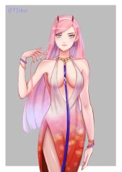 Rule 34 | 10s, 1girl, absurdres, alternate costume, alternate hairstyle, aqua eyes, arm at side, artist name, bare arms, bare legs, bare shoulders, bracelet, breasts, breasts apart, closed mouth, collarbone, darling in the franxx, dress, earrings, female focus, gradient dress, grey background, hairband, hand up, highres, horns, instagram username, jewelry, legs, lips, lipstick, long hair, looking at viewer, makeup, medium breasts, multicolored clothes, multicolored dress, nail polish, neck, necklace, patrickj1703, pink hair, pink nails, red horns, red lips, revealing clothes, shiny skin, side slit, smile, solo, standing, swept bangs, twitter username, very long hair, zero two (darling in the franxx)