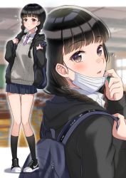 Rule 34 | 1girl, backpack, bag, black footwear, black hair, black jacket, black legwear, blue skirt, blush, braid, brown eyes, closed mouth, collared shirt, commentary request, diagonal-striped clothes, diagonal-striped necktie, diagonal-striped neckwear, hair over shoulder, highres, hood, hood down, hooded jacket, jacket, long hair, low twintails, multiple views, necktie, nike (company), niwata0, open clothes, open jacket, original, parted lips, pleated skirt, purple necktie, school uniform, shirt, shoes, signature, skirt, sneakers, socks, striped clothes, striped neckwear, sweater vest, twin braids, twintails, white shirt