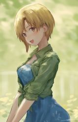 Rule 34 | 1girl, :d, aiba yumi, blonde hair, blue dress, blurry, blurry background, blush, brown eyes, cropped jacket, depth of field, dress, highres, idolmaster, idolmaster cinderella girls, jacket, jewelry, kouzuki kei, looking at viewer, necklace, open mouth, outdoors, short hair, smile, solo, tied jacket, upper body