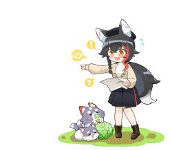 Rule 34 | 1girl, animal ear fluff, animal ears, beret, black hair, black hat, black skirt, blush stickers, boots, brown cardigan, brown footwear, cardigan, chibi, commentary request, flipped hair, full body, hat, hololive, jb jagbung, long hair, looking at creature, looking down, miofa (ookami mio), multicolored hair, official alternate costume, ookami mio, ookami mio (street), red hair, shirt, skirt, sleeveless, sleeveless shirt, solo, spiked hair, streaked hair, tail, tail around own leg, tail wrap, very long hair, virtual youtuber, white hair, white shirt, wolf ears, wolf girl, wolf tail, yellow eyes