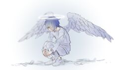 Rule 34 | 1boy, angel, angel wings, blue hair, feathered wings, gold necklace, green eyes, grey background, hair over one eye, halo, highres, jewelry, male focus, milgram, mou xingchen, necklace, one eye covered, pants, sakurai haruka (milgram), shirt, short hair, solo, squatting, white footwear, white pants, white shirt, wings