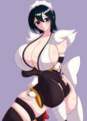 Rule 34 | 1girl, absurdres, black hair, breasts, highres, huge breasts, iroha (samurai spirits), maid, maid headdress, samurai spirits, simple background, solo