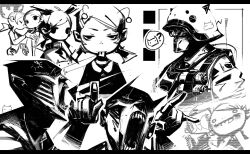 1girl ? ambiguous_gender armor black_border border glasses greyscale helmet high_contrast highres military_uniform monochrome multiple_boys open_mouth original ponytail sketch speech_bubble teeth twintails upper_body xkl3001