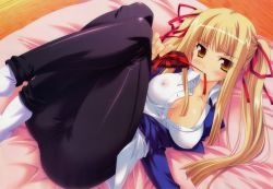 Rule 34 | 1girl, absurdres, bed, blonde hair, blunt bangs, blush, breasts, brown eyes, cleavage, covered erect nipples, crossed legs, dengeki hime, embarrassed, gift, hair ribbon, highres, large breasts, legs up, lying, mouth hold, nipples, no bra, official art, on back, open clothes, open shirt, ribbon, see-through, shinozuka atsuto, shirt, socks, solo, tri-stars, victoria the king crimson, yellow eyes