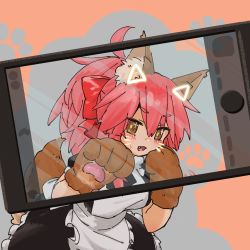 Rule 34 | 1girl, animal ear fluff, animal ears, animal hands, apron, blue background, blush, bow, breasts, cat paws, cellphone, commentary request, drawn ears, drawn whiskers, face filter, fake phone screenshot, fake screenshot, fang, fate/grand order, fate (series), fox ears, fox girl, fox tail, frills, hair between eyes, hair bow, hand on own cheek, hand on own face, large breasts, leaning forward, long hair, maid, maid apron, mycn18neo, open mouth, orange background, paw pose, paw print, phone, pink hair, ponytail, red bow, short sleeves, sidelocks, smartphone, solo, standing, sweat, tail, tamamo (fate), tamamo cat (fate), tamamo cat (second ascension) (fate), yellow eyes