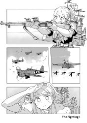 Rule 34 | 1girl, aircraft, bolt action, breasts, cloud, drop tank, f6f hellcat, firing, greyscale, highres, intrepid (kancolle), jura cambri, kantai collection, large breasts, m1903 springfield, machinery, monochrome, neckerchief, radar, rifle, rigging, roundel, shading eyes, turret