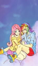 Rule 34 | 2girls, arm around back, bare shoulders, blue eyes, boots, cloud, eyebrows, eyeshadow, fluttershy, goggles, goggles on head, holding hands, highres, hood, hoodie, interlocked fingers, long hair, makeup, multicolored hair, multiple girls, my little pony, my little pony: friendship is magic, off-shoulder, off-shoulder sweater, personification, pink eyes, pink hair, rainbow dash, rainbow hair, short hair, shorts, simonadventure, skirt, smile, sweater, yuri