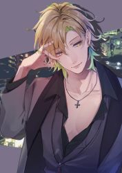 Rule 34 | 1boy, black shirt, blonde hair, city, collared shirt, colored inner hair, cross, cross necklace, curtained hair, earrings, enomoto nao, flower earrings, green hair, grey background, grey jacket, grey vest, hand in own hair, head tilt, highres, hypnosis mic, izanami hifumi, jacket, jewelry, lapels, looking at viewer, male focus, multicolored hair, necklace, parted lips, partially unbuttoned, shawl lapels, shirt, short hair, smile, solo, upper body, vest, yellow eyes