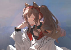 Rule 34 | 1girl, absurdres, angelina (arknights), animal ears, arknights, black collar, black shirt, brown hair, coat, collar, extra ears, fox ears, hairband, hand up, highres, infection monitor (arknights), jacket, long hair, long sleeves, looking at viewer, open clothes, open jacket, parted lips, red eyes, red hairband, rosehip t72, shirt, sidelocks, solo, twintails, upper body, white coat, white jacket