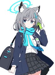 Rule 34 | 1girl, absurdres, animal ears, arm at side, bag, blazer, blue archive, blue eyes, blue jacket, blue scarf, blush, closed mouth, cowboy shot, dot nose, earrings, expressionless, fringe trim, gloves, green gloves, grey hair, grey skirt, halo, hand in own hair, high-waist skirt, highres, id card, jacket, jewelry, long bangs, looking at viewer, medium hair, miniskirt, open clothes, open jacket, plaid, plaid skirt, pleated skirt, scarf, school bag, school uniform, shiroko (blue archive), shirt, shoulder bag, sidelocks, simple background, single glove, skirt, solo, white background, white shirt, wolf ears, wolf girl, zunmut