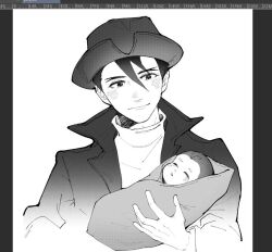Rule 34 | 2boys, ace attorney, aged down, antenna hair, apollo justice, art program in frame, baby, closed eyes, closed mouth, collared jacket, cropped torso, father and son, greyscale, hair between eyes, hat, holding baby, jacket, jove justice, m18280226378, male focus, monochrome, multiple boys, parted lips, short hair, swaddled, turtleneck, upper body, very short hair, white background