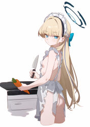 Rule 34 | 1girl, absurdres, apron, ass, blonde hair, blue archive, breasts, carrot, commentary, cropped legs, eco 376124, halo, highres, holding, holding carrot, holding knife, kitchen knife, knife, long hair, looking at viewer, looking to the side, maid headdress, naked apron, sideboob, small breasts, solo, toki (blue archive), very long hair, white apron