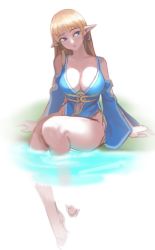 Rule 34 | 1girl, arm support, blonde hair, blue dress, blue eyes, breasts, cleavage, detached sleeves, dress, head tilt, large breasts, oz (gerbera7), parted lips, pointy ears, sketch, soaking feet, solo