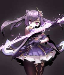 Rule 34 | 1girl, absurdres, black pantyhose, closed mouth, cone hair bun, detached sleeves, double bun, dress, einheadt, electricity, genshin impact, gloves, grey background, hair bun, hair ornament, highres, holding, holding sword, holding weapon, huge filesize, keqing (genshin impact), long hair, pantyhose, pink eyes, purple dress, purple gloves, purple hair, simple background, solo, sword, twintails, weapon, wide sleeves