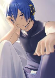 Rule 34 | 1boy, arm support, belt, black shirt, blue eyes, blue hair, blurry foreground, commentary, head rest, headphones, headset, kaito (vocaloid), kaito (vocaloid3), knees up, male focus, nokuhashi, one eye closed, shirt, sitting, sleeveless, sleeveless shirt, solo, vocaloid, waking up