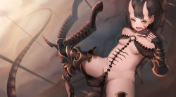 Rule 34 | 1girl, absurdres, armor, bad id, bad pixiv id, banitya, bare shoulders, brown hair, claw (weapon), demon girl, demon horns, fang, greaves, high heels, highres, horns, jaw, looking at viewer, lying, navel, on back, open mouth, original, revealing clothes, see-through, short hair, solo, spine, spread legs, tattoo, tongue, vambraces, weapon, yellow eyes
