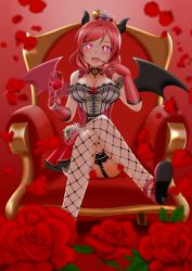 Rule 34 | 1girl, artist name, artist request, bare shoulders, beads, blush, breasts, center frills, chair, crossed legs, demon girl, demon horns, demon tail, demon wings, dress, drink, female focus, fishnet thighhighs, fishnets, flower, frills, garter straps, gloves, hair between eyes, hairband, halloween, high heels, highres, holding, holding drink, horns, layered dress, leg up, lolita fashion, looking at viewer, love live!, love live! school idol festival, love live! school idol project, m5rr7hmx56oy44y, medium breasts, nishikino maki, parted bangs, parted lips, pink eyes, pink flower, pink gloves, pink rose, purple eyes, red background, red flower, red footwear, red gloves, red hair, red rose, red skirt, rose, short hair, skirt, small breasts, smile, solo, staff, tail, thighhighs, tiara, wings