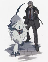 Rule 34 | 1boy, absol, alternate costume, bad id, bad twitter id, belt, belt buckle, buckle, buttons, claws, collared shirt, commentary request, creatures (company), game freak, gen 3 pokemon, grey hair, grey shirt, highres, holding, holding poke ball, jacket, legs apart, long sleeves, male focus, nanu (pokemon), necktie, nintendo, open clothes, open jacket, pants, parted lips, poke ball, pokemon, pokemon (creature), pokemon sm, red legwear, red neckwear, shirt, shoes, short hair, socks, standing, ultra ball, x hako