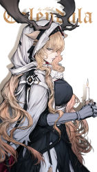 Rule 34 | 1girl, animal ears, antlers, antlers through headwear, arknights, artist name, asa moi, belt, black dress, blonde hair, blue eyes, breasts, candle, cape, cowboy shot, dress, from side, gauntlets, highres, hood, hooded cape, horns, large breasts, long hair, looking at viewer, profile, simple background, smile, solo, very long hair, viviana (arknights), white background, white cape