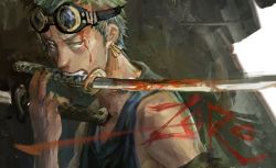 Rule 34 | 1boy, blood, character name, earrings, goggles, goggles on head, green hair, jewelry, lychi, male focus, mouth hold, one piece, roronoa zoro, skypiea, solo, sword, teeth, weapon, zoom layer