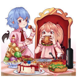 Rule 34 | 2girls, :t, ascot, bat wings, blonde hair, blue hair, blush, bottle, bowl, burger, cake, chair, chocolate syrup, commentary, crystal, cup, detached wings, dress, drinking glass, eating, english commentary, fangs, flandre scarlet, food, fork, fruit, glass bowl, gradient background, hair between eyes, hand up, highres, holding, holding bowl, holding food, hot dog, ice, ice cream, ice cube, looking at viewer, meatball, multiple girls, mustard, nail polish, no headwear, omelet, omurice, pasta, pink background, pink dress, plate, pocky, pointy ears, puffy short sleeves, puffy sleeves, red ascot, red eyes, red nails, red vest, remilia scarlet, short hair, short sleeves, siblings, side ponytail, sisters, sitting, spaghetti, standing, strawberry, table, takoyaki, toothpick, touhou, vest, wafer stick, white background, wine bottle, wing collar, wings, wrist cuffs, yoruny