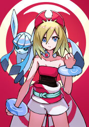 Rule 34 | 1girl, bangle, bare shoulders, blonde hair, blue eyes, bracelet, clenched hands, closed mouth, creatures (company), game freak, gen 4 pokemon, glaceon, hair between eyes, hairband, highres, irida (pokemon), jewelry, kaneni, looking at viewer, neck ring, nintendo, pokemon, pokemon (creature), pokemon legends: arceus, red hairband, shorts, simple background, strapless, waist cape, white shorts
