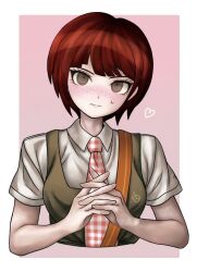 Rule 34 | 1girl, :|, blush, border, breasts, brown dress, brown eyes, case (k1 ase), close-up, closed mouth, collared shirt, commentary, cropped torso, danganronpa (series), danganronpa 2: goodbye despair, dress, dress shirt, eyelashes, freckles, gingham necktie, head tilt, heart, interlocked fingers, koizumi mahiru, light blush, looking at viewer, medium breasts, necktie, nose blush, outside border, own hands together, pinafore dress, pink background, portrait, red hair, red necktie, ringed eyes, school uniform, shirt, short hair, short sleeves, sleeveless, sleeveless dress, solo, strap, sweatdrop, two-tone necktie, upper body, w arms, white border, white necktie, white shirt