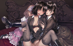 Rule 34 | 3girls, apron, black dress, black footwear, black hair, black thighhighs, blush, boots, bra, breasts, brown eyes, brown hair, cleavage, closed eyes, collared shirt, commentary request, corset, dress, fff threesome, fingering, frilled bra, frills, grabbing, grabbing another&#039;s breast, grabbing from behind, group sex, hand on another&#039;s leg, highres, indoors, long hair, maid headdress, medium breasts, medium hair, multiple girls, no panties, on bed, open clothes, open dress, open mouth, original, pink apron, purple bra, pussy juice, pussy juice stain, red eyes, shirt, smile, socks, spread legs, sweat, takekawa shin, thighhighs, threesome, underwear, vaginal, white dress, white socks, yuri