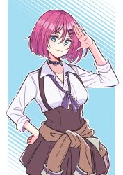 Rule 34 | 1girl, akamirai, aqua eyes, arm up, assault lily, belt buckle, belt collar, black collar, blue background, bob cut, breasts, brown jacket, brown skirt, buckle, buttons, closed mouth, clothes around waist, collar, collarbone, collared shirt, commentary, cowboy shot, dress shirt, hair between eyes, hair ornament, hairclip, hand on own hip, high-waist skirt, highres, jacket, jacket around waist, light blush, light smile, long bangs, long sleeves, loose neck ribbon, medium breasts, neck ribbon, outside border, partially unbuttoned, pillarboxed, pink hair, pleated skirt, purple ribbon, ribbon, salute, school uniform, shirt, short hair, skirt, sleeves rolled up, solo, standing, striped, striped background, suspender skirt, suspenders, tsujimoto yuunagi, two-tone background, white background, white shirt