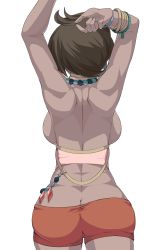 Rule 34 | 1girl, arms up, ass, back, backboob, bangle, bare back, bracelet, breasts, brown hair, butt crack, cowboy shot, creatures (company), dark-skinned female, dark skin, elite four, female focus, from behind, game freak, highres, island kahuna, jewelry, large breasts, necklace, nintendo, olivia (pokemon), pokemon, pokemon sm, shimure (460), short hair, short shorts, shorts, sideboob, solo, trial captain