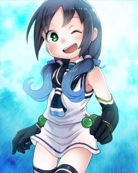 Rule 34 | 1girl, black gloves, black hair, black sailor collar, black thighhighs, blue hair, elbow gloves, gloves, gradient hair, green eyes, hair ribbon, kantai collection, large hands, long hair, looking at viewer, low twintails, mizoki kei, multicolored hair, one eye closed, open mouth, ribbon, sailor collar, school uniform, simple background, skirt, sleeveless, solo, suzukaze (kancolle), thighhighs, twintails, white skirt