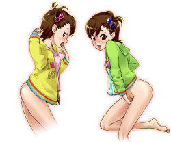 Rule 34 | 2girls, ass, barefoot, blush, bottomless, brown eyes, brown hair, finger to mouth, futami ami, futami mami, hair bobbles, hair ornament, hood, hoodie, idolmaster, idolmaster (classic), legs, multiple girls, naughty face, open mouth, short hair, siblings, side ponytail, sisters, smile, sweat, t-hiko, tank top, tongue, twins