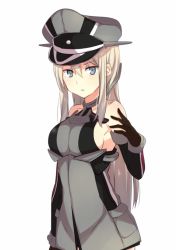 Rule 34 | 10s, 1girl, bare shoulders, bismarck (kancolle), blonde hair, blue eyes, detached sleeves, gloves, hat, kantai collection, long hair, military, military uniform, parted lips, peaked cap, simple background, solo, uniform, white background, yukichi (eikichi)