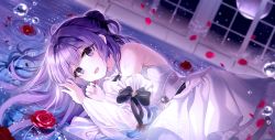Rule 34 | 1girl, :d, artist name, azur lane, bad id, bad pixiv id, bare shoulders, black ribbon, blush, breasts, flower, hair ornament, hair ribbon, highres, long hair, looking at viewer, lying, moon, nail polish, on side, open mouth, petals, polla, purple eyes, purple hair, purple nails, red flower, red rose, ribbon, rose, signature, smile, unicorn (a dream of pure vows) (azur lane), unicorn (azur lane), water, wet, wet clothes, window