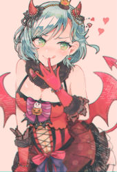 Rule 34 | 1girl, :q, aqua eyes, bang dream!, blurry, bow, bowtie, breasts, chromatic aberration, clothing cutout, cross-laced clothes, cross-laced cutout, crown, demon horns, demon tail, demon wings, dress, earrings, fur collar, ghost, gloves, green eyes, hairband, heart, heart-shaped pupils, heart earrings, hikawa hina, horns, itomugi-kun, jack-o&#039;-lantern, jewelry, medium breasts, mini crown, pink bow, purple bow, purple bowtie, red dress, red gloves, short hair, solo, striped bow, striped bowtie, striped clothes, striped neckwear, symbol-shaped pupils, tail, tongue, tongue out, v-shaped eyebrows, wings