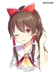 Rule 34 | 1girl, ascot, bare arms, bow, brown hair, hair bow, hair over shoulder, hair tubes, hakurei reimu, highres, long hair, looking at viewer, one eye closed, ponytail, red bow, red eyes, sidelocks, simple background, solo, sweat, touhou, upper body, vest, white background, yamayu