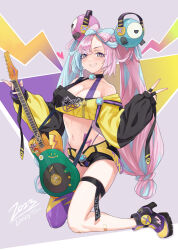 Rule 34 | 1girl, absurdres, alternate costume, aqua hair, asymmetrical bangs, bandaid, bandaid on leg, bare shoulders, bellibolt, belt, black choker, black footwear, black jacket, black shorts, blue nails, blush, bow-shaped hair, braid, breasts, caee penguin, character hair ornament, character name, chinese commentary, choker, cleavage, collarbone, commentary, commentary request, creatures (company), cropped jacket, dated, english commentary, english text, eyeshadow, fingerless gloves, fingernails, game freak, gloves, grin, guitar, hair ornament, hair rings, headphones, heart, highleg, highleg panties, highres, holding, holding guitar, holding instrument, instrument, iono (pokemon), jacket, kneeling, large breasts, legs, lightning bolt print, lightning bolt symbol, linea alba, long fingernails, long hair, long sleeves, makeup, midriff, mixed-language commentary, multicolored clothes, multicolored footwear, multicolored hair, multicolored jacket, nail polish, navel, nintendo, panties, partial commentary, pink background, pink eyes, pink eyeshadow, pink hair, pink nails, poke ball symbol, pokemon, pokemon sv, purple footwear, purple gloves, purple panties, purple thighhighs, sharp teeth, shoes, shorts, single thighhigh, sleeves past wrists, smile, solo, split-color hair, star (symbol), star print, stomach, stomach tattoo, tattoo, teeth, thigh strap, thighhighs, thighs, twintails, two-tone hair, two-tone jacket, two-tone thighhighs, underwear, unzipped, v-shaped eyebrows, yellow belt, yellow jacket, yellow thighhighs, zipper, zipper pull tab