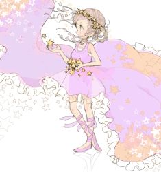 Rule 34 | 1girl, bad id, bad pixiv id, brown hair, dress, earrings, hair ornament, hair rings, head wreath, holding, jewelry, leg ribbon, necklace, nucco, original, pink dress, pink footwear, reflective floor, ribbon, see-through silhouette, shoes, solo, star (symbol), star earrings, star hair ornament, star necklace