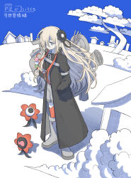 Rule 34 | 1girl, absurdres, asymmetrical sleeves, backpack, bag, black coat, black flower, black gloves, blonde hair, blue sky, boots, character name, closed mouth, cloud, coat, commentary request, dango, expressionless, familiar, fingerless gloves, flower, food, full body, garlica, gloves, grey eyes, grey footwear, grey shorts, hair flower, hair ornament, hand in pocket, hand up, high collar, highres, holding, holding food, horizon, house, isekai joucho, kamitsubaki studio, knee boots, long hair, long sleeves, looking at creature, looking down, multicolored hair, outdoors, red hair, red thighhighs, sanshoku dango, shorts, shoulder strap, sky, solo, song name, streaked hair, thighhighs, tree, uneven sleeves, virtual youtuber, wagashi