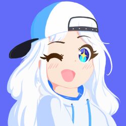 Rule 34 | 1girl, ;d, backwards hat, baseball cap, blue background, blue eyes, blue hair, blue hat, happy, hat, hood, hood down, hoodie, long hair, multicolored clothes, multicolored hair, multicolored hat, nick patito, non-web source, one eye closed, open mouth, original, querxes, simple background, smile, solo, star (symbol), star in eye, symbol in eye, virtual youtuber, white hair, white hat, white hoodie