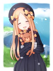 Rule 34 | 1girl, :d, abigail williams (fate), black bow, black dress, black hat, blonde hair, blue sky, blush, bow, bug, butterfly, closed eyes, cloud, cloudy sky, commentary request, crying, day, dress, facing viewer, fate/grand order, fate (series), hair bow, hands in opposite sleeves, hat, horizon, hugging object, insect, long hair, long sleeves, monaka curl, ocean, open mouth, orange bow, parted bangs, polka dot, polka dot bow, sky, smile, solo, stuffed animal, stuffed toy, tears, teddy bear, very long hair