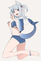 Rule 34 | 1girl, adapted costume, animal ear fluff, animal ears, bare legs, barefoot, blue eyes, blue hair, blunt bangs, cat ears, cat girl, cropped hoodie, extra ears, fangs, feet, fins, fish tail, full body, gawr gura, goten (510gensoku), grey background, grey hair, hair ornament, highres, hololive, hololive english, hood, hoodie, legs, long sleeves, medium hair, micro shorts, multicolored hair, nail polish, open mouth, paw pose, shadow, shark girl, shark hair ornament, shark tail, shorts, sidelocks, soles, solo, streaked hair, tail, teeth, thighs, toenail polish, toenails, toes, two side up, upper teeth only, virtual youtuber, wide sleeves