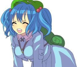 Rule 34 | 1girl, ^ ^, all fours, backpack, bag, blue hair, closed eyes, female focus, hair bobbles, hair ornament, happy, hat, hidari (coletica), kawashiro nitori, no nose, open mouth, simple background, smile, solo, touhou, twintails, two side up