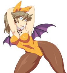 Rule 34 | 1girl, armpits, arms behind head, arms up, blue eyes, bow, breasts, brown hair, covered erect nipples, cowboy shot, demon wings, detached collar, fake wings, hair bow, halloween, halloween costume, highleg, highleg leotard, highres, impossible clothes, impossible leotard, leotard, looking at viewer, m.u.g.e.n, oggy (oggyoggy), original, pantyhose, ponytail, ryuko (oggyoggy), solo, strapless, strapless leotard, tagme, transparent background, wings, yellow leotard