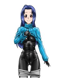 Rule 34 | artist request, blue hair, bodysuit, idolmaster, idolmaster (classic), latex, latex suit, long hair, miura azusa, red eyes, shiny clothes, skin tight, smile, turtleneck, zipper